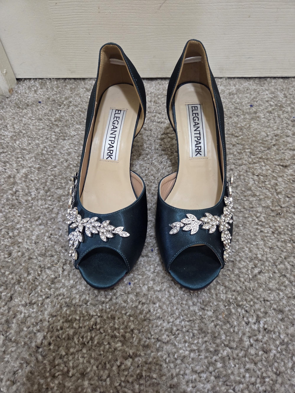 Elegantpark Teal Satin Peep-Toe Heels with Crystal Leaf Detail